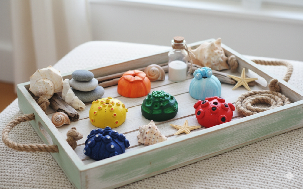 An elevated close-up shot of a light green distressed wooden tray with rope handles, filled with various seaside-themed decorative objects on a cream-colored textured ottoman. In the center, six colorful sea urchin sculptures—orange, light blue, yellow, dark green, red, and dark blue—are arranged. They are surrounded by an assortment of natural seashells, stacked smooth grey pebbles, small pieces of driftwood, a tiny clear glass bottle with a cork stopper containing white sand, coiled natural rope, and small starfish decorations. A window is visible in the soft-focus background.
