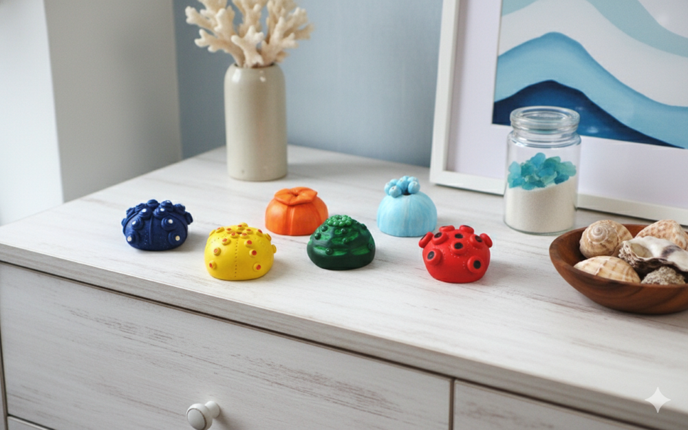 A closeup shot of six colorful sea urchin-like sculptures, each approximately 7 cm in diameter, arranged on a white, modern dresser with a subtle wood grain. The sculptures are blue, yellow, orange, dark green, light blue, and red, each with unique textures and protrusions. They are surrounded by other seaside-themed decor, including a white coral-like object in a beige vase, a glass jar filled with sand and blue crystals, and a small wooden bowl overflowing with various seashells. In the background, a framed piece of art with blue abstract shapes and a light blue wall are visible.