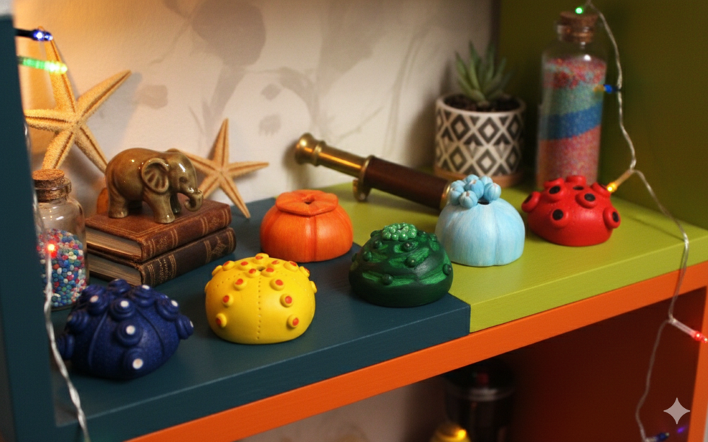 Colorful, handcrafted sea urchin sculptures arranged on a vibrant, eclectic shelf alongside other decorative items, with warm string lights adding to the whimsical atmosphere.
