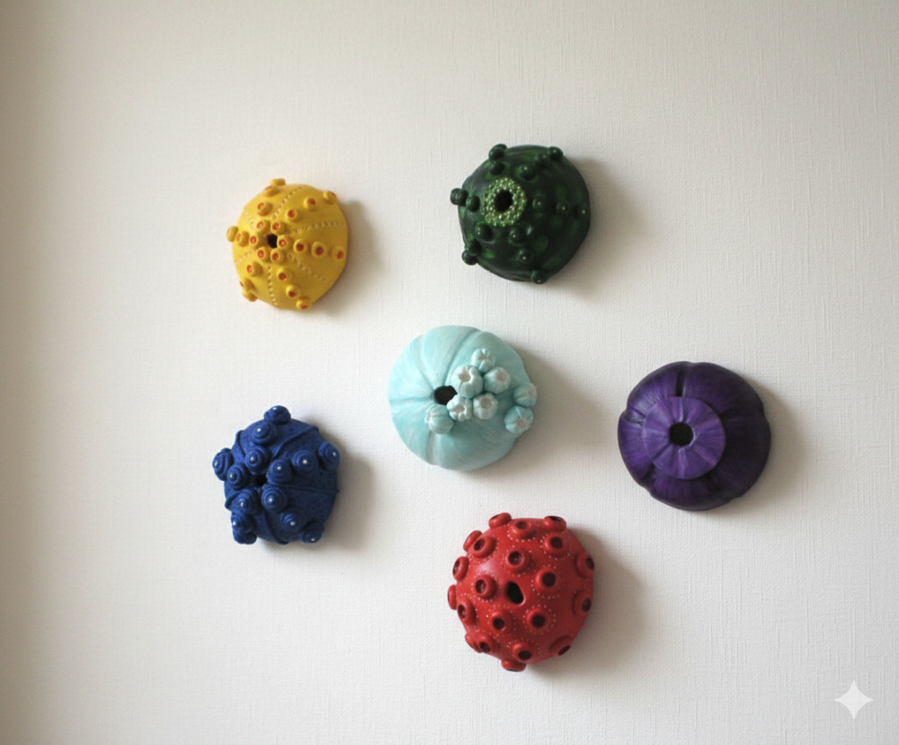 Six colorful sea urchin sculptures, each approximately 7 cm in diameter, are arranged artfully on a light-colored dining room wall. The sculptures are yellow, dark green, light blue, dark blue, purple, and red, all with textured, spiky surfaces and a central opening, creating a unique and decorative display.