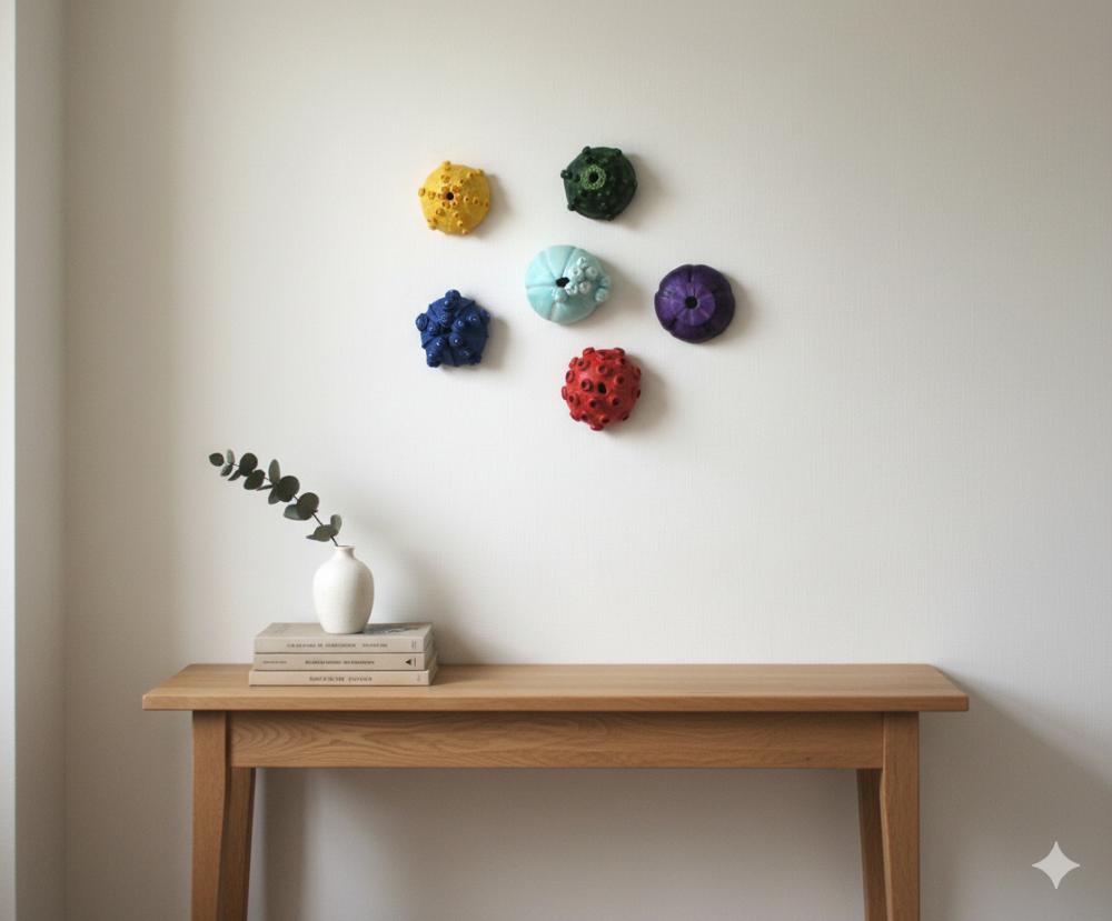Six colorful sea urchin sculptures are displayed on a light-colored dining room wall above a minimalist wooden console table. The sculptures, in yellow, dark green, light blue, dark blue, purple, and red, are each about 7 cm in diameter. On the table, to the left, are two stacked books and a small white vase holding a single branch of eucalyptus, adding a touch of natural elegance to the modern decor.