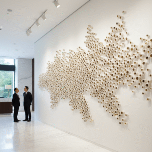 A luxurious, minimalist foyer in a public building features a large-scale wall art installation. The artwork is composed of thousands of small, circular elements with golden centers, arranged in an organic, starburst-like pattern across a pristine white wall. The elements vary slightly in size and project from the wall, creating subtle shadows and a sense of depth. In the foreground, two men in dark suits stand facing the artwork, admiring it. The foyer itself is brightly lit with recessed lighting and track lights illuminating the art. To the left, a dark wooden reception desk is visible in front of a large window that looks out onto a lush green landscape. The floor is made of light-colored, reflective material, adding to the opulent feel of the space.