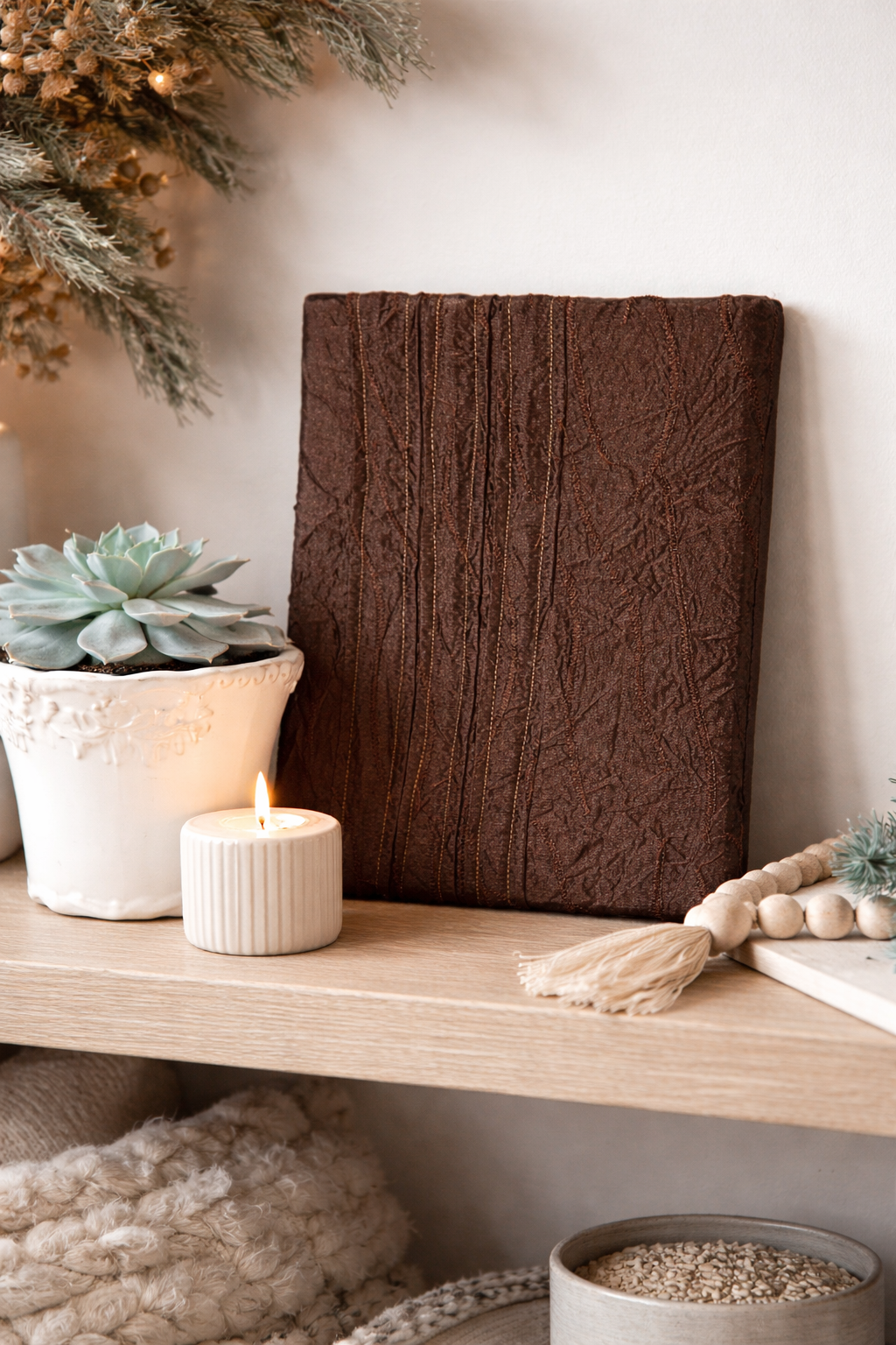 Unique Textured Brown Wall Art Hand Stitched Taffeta Canvas, Minimalist Shelf Decor