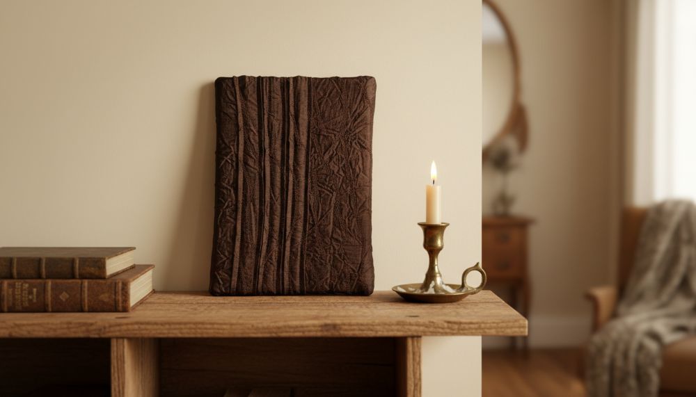 Unique Textured Brown Wall Art Hand Stitched Taffeta Canvas, Minimalist Shelf Decor - Image 3
