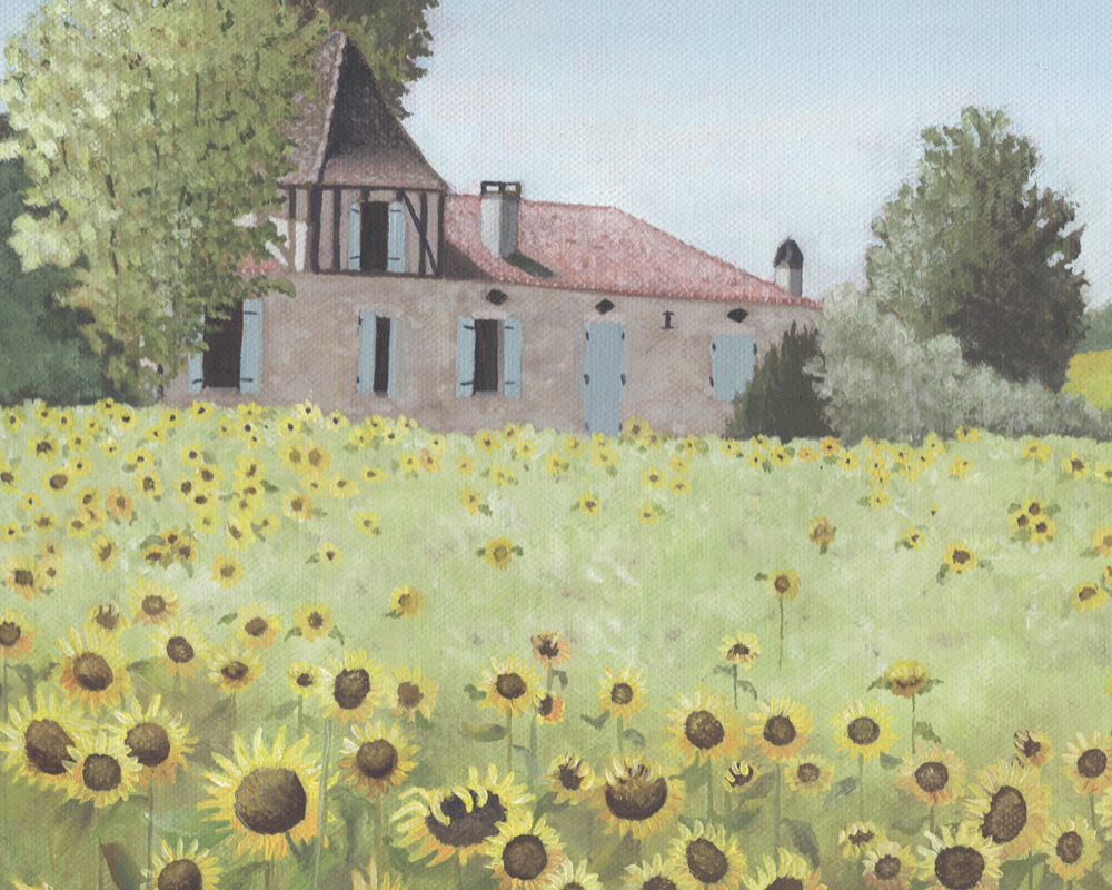 Sunflowers French Countryside Impressionist Landscape Painting by Cathy Savels