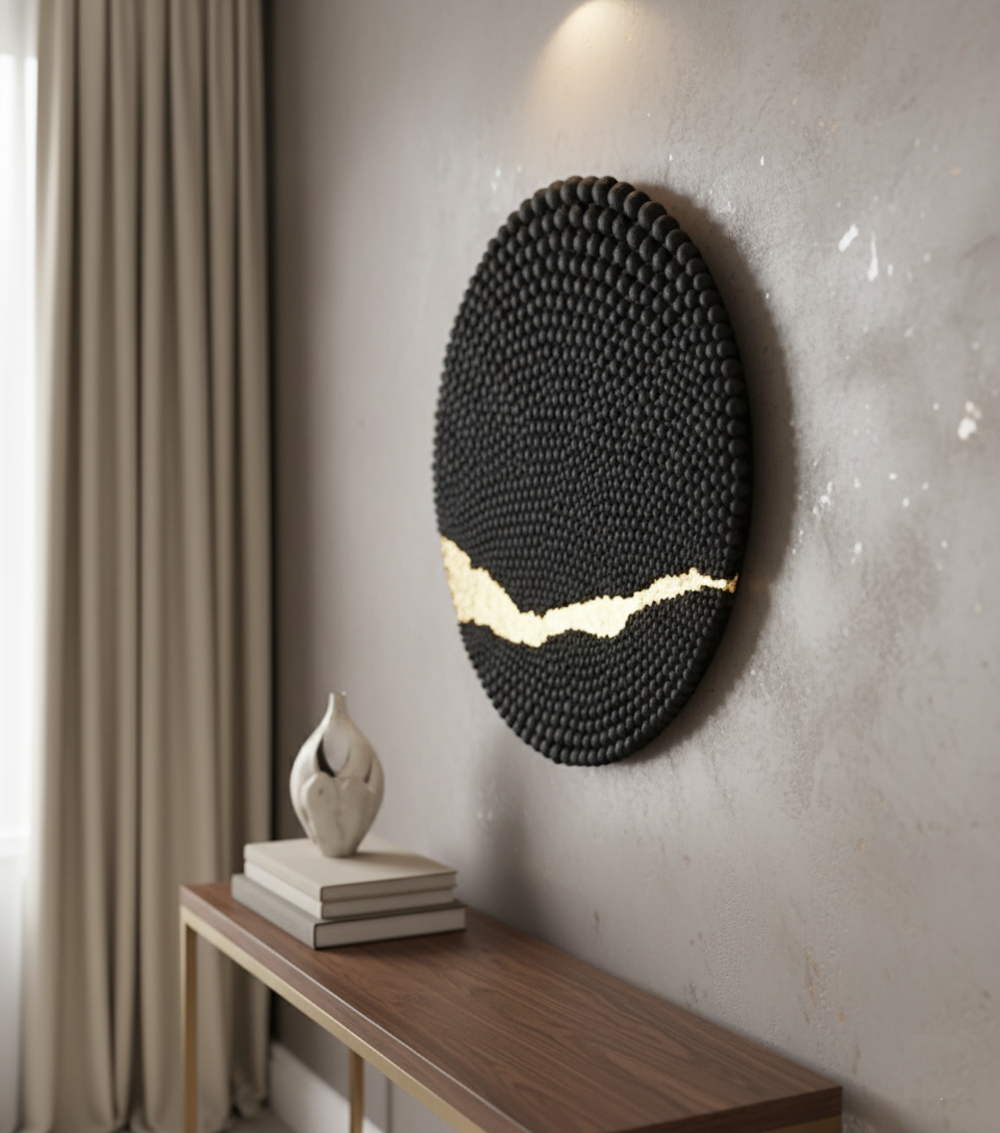 Tondo Wabi Sabi Wall Art Textured 3D Clay Sculpture with 22K Gold Leaf - Image 2