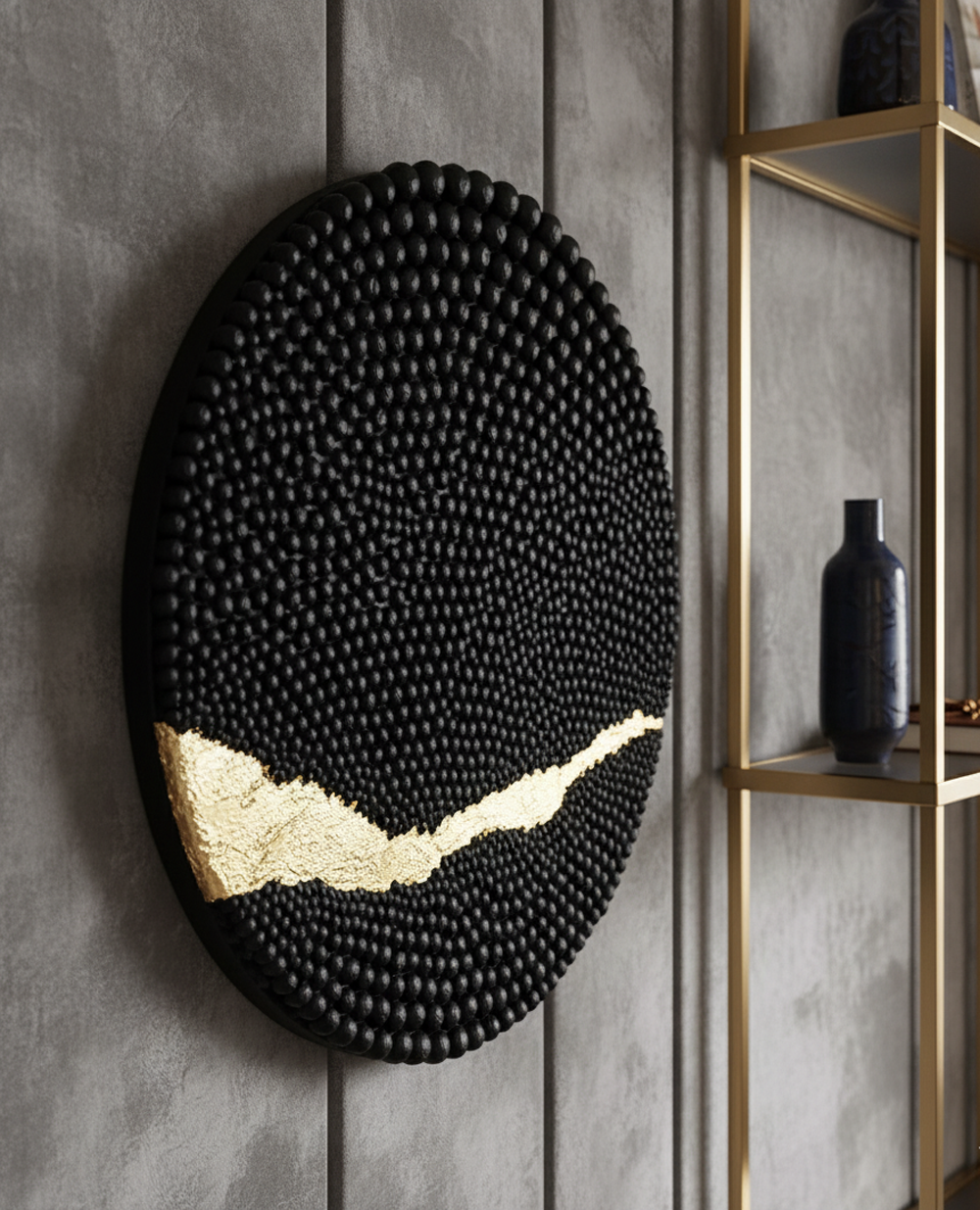 Tondo Wabi Sabi Wall Art Textured 3D Clay Sculpture with 22K Gold Leaf - Image 3