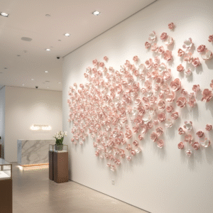 A brightly lit luxury shop foyer features a large wall installation composed of numerous delicate flower sculptures in shades of pink and white. The flowers are arranged to create a sprawling, organic pattern across the white wall. In the background, a reception desk made of white marble and wood is visible, with a backlit sign above it. Glass display cases with floral arrangements are also present in the foreground and midground, complementing the main flower installation. The overall atmosphere is elegant and serene.