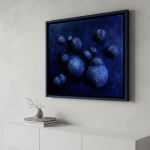 Celestial Textured Midnight Navy Blue Abstract Art, 3D String Spheres Iridescent Wall Decor