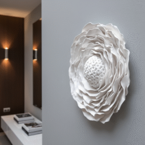 A white ceramic flower sculpture, approximately 20cm in diameter, is mounted on a light gray wall in a modern luxury home. The sculpture features layered, wavy petals surrounding a central cluster of small, rounded elements. The shot is a side closeup, capturing the texture and depth of the piece. In the background, out of focus, a brown accent wall is visible with two modern wall sconces emitting warm light. A white console table with books sits beneath the sconces, reflecting the luxurious and contemporary aesthetic of the space.