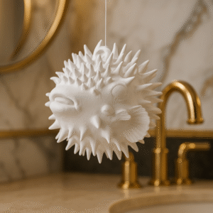 A closeup of a white puffer fish hanging sculpture, approximately 10cm in size, suspended in front of a luxury bathroom sink. The background features a marble countertop, gold faucet, and a round mirror, highlighting the sculpture as a decorative accent in an elegant setting.