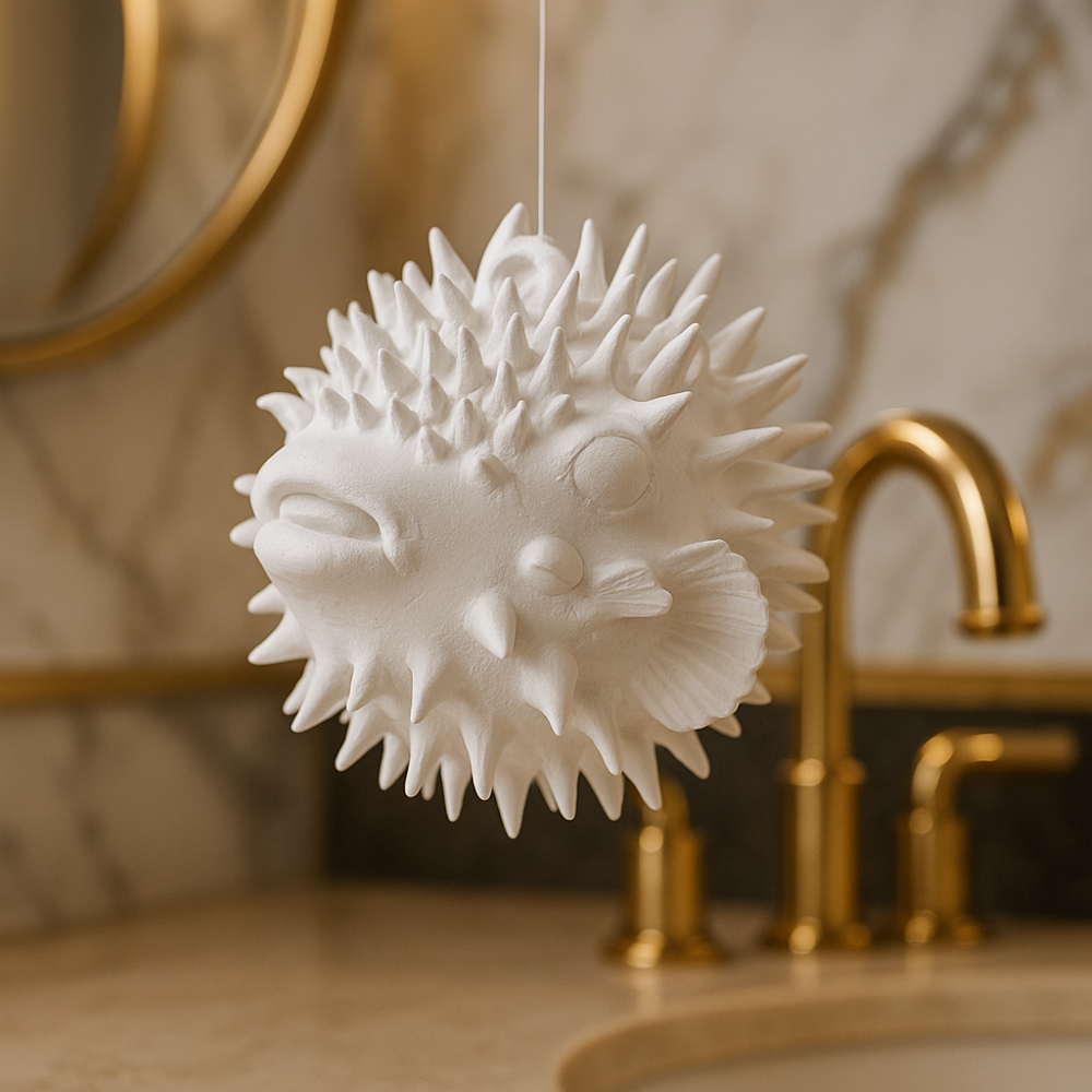 A closeup of a white puffer fish hanging sculpture, approximately 10cm in size, suspended in front of a luxury bathroom sink. The background features a marble countertop, gold faucet, and a round mirror, highlighting the sculpture as a decorative accent in an elegant setting.