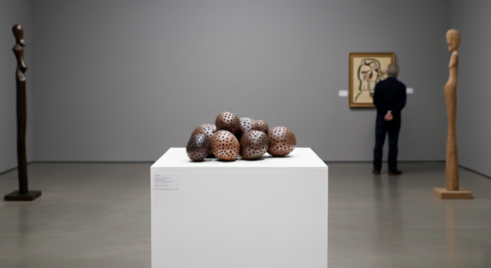 A minimalist art gallery with a cluster of dark, perforated, egg-shaped sculptures on a white pedestal in the foreground. To the right, a man in a dark jacket stands with his back to the viewer, observing a framed abstract painting on the wall. On the far left and far right, tall, slender, abstract wooden sculptures stand on dark bases. The walls are a neutral grey.