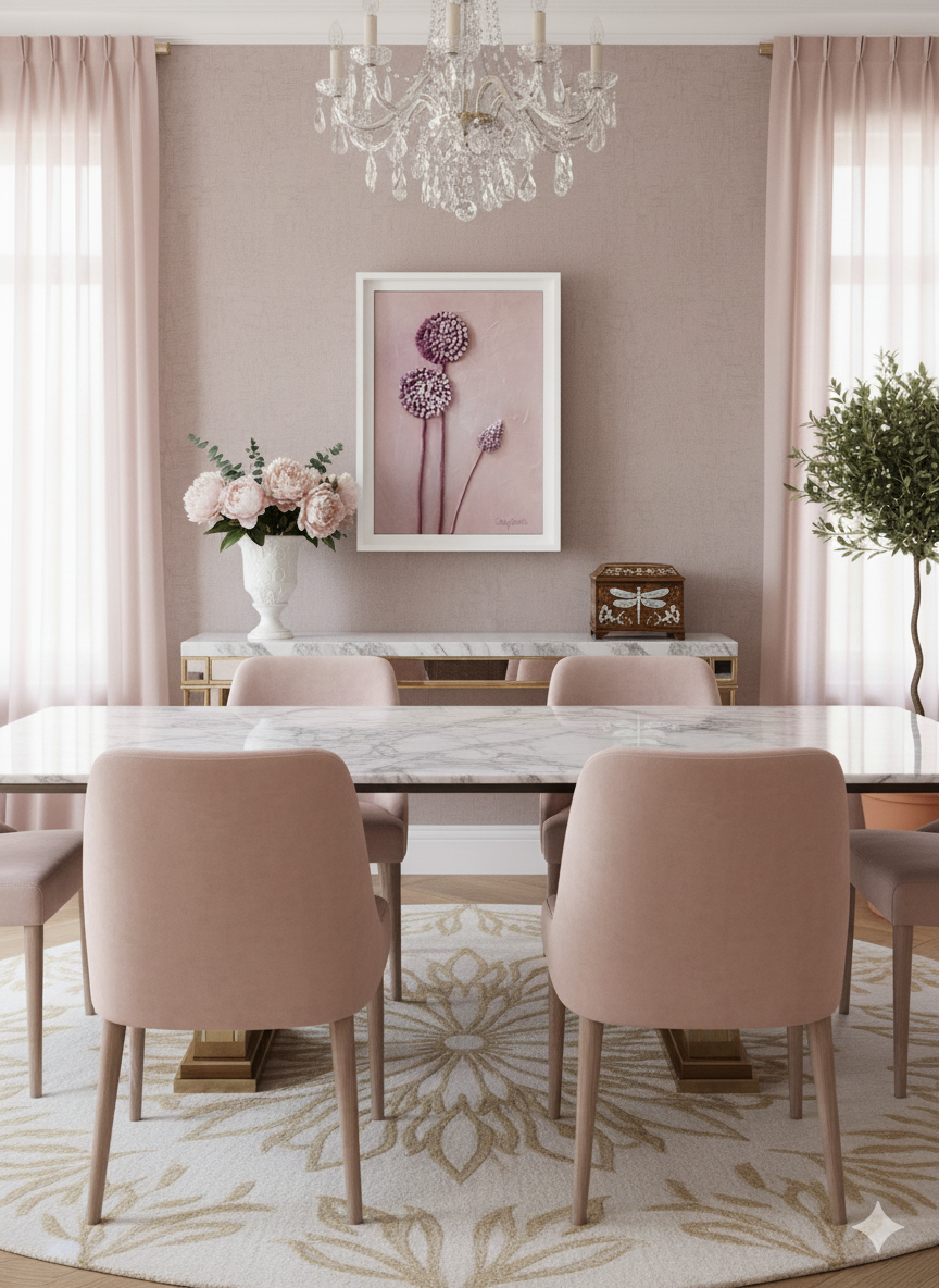 A luxurious dining room with soft pink walls and drapes. A crystal chandelier hangs above a large marble dining table surrounded by six pink velvet chairs. On the far wall, a white-framed allium artwork, featuring three textured purple allium flowers, hangs above a gilded console table. To the left of the artwork, a white vase holds a bouquet of pink peonies. To the right, a decorative box with a dragonfly motif rests on the console. A potted olive tree stands in the corner on the right. The floor is covered by a light-colored rug with a floral pattern.