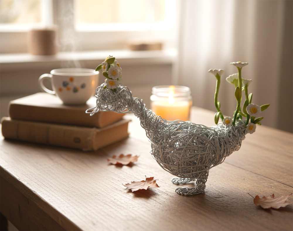 Charming Duck Sculpture Bird Figurine, Handcrafted Silver Wire & Clay Art - Image 12