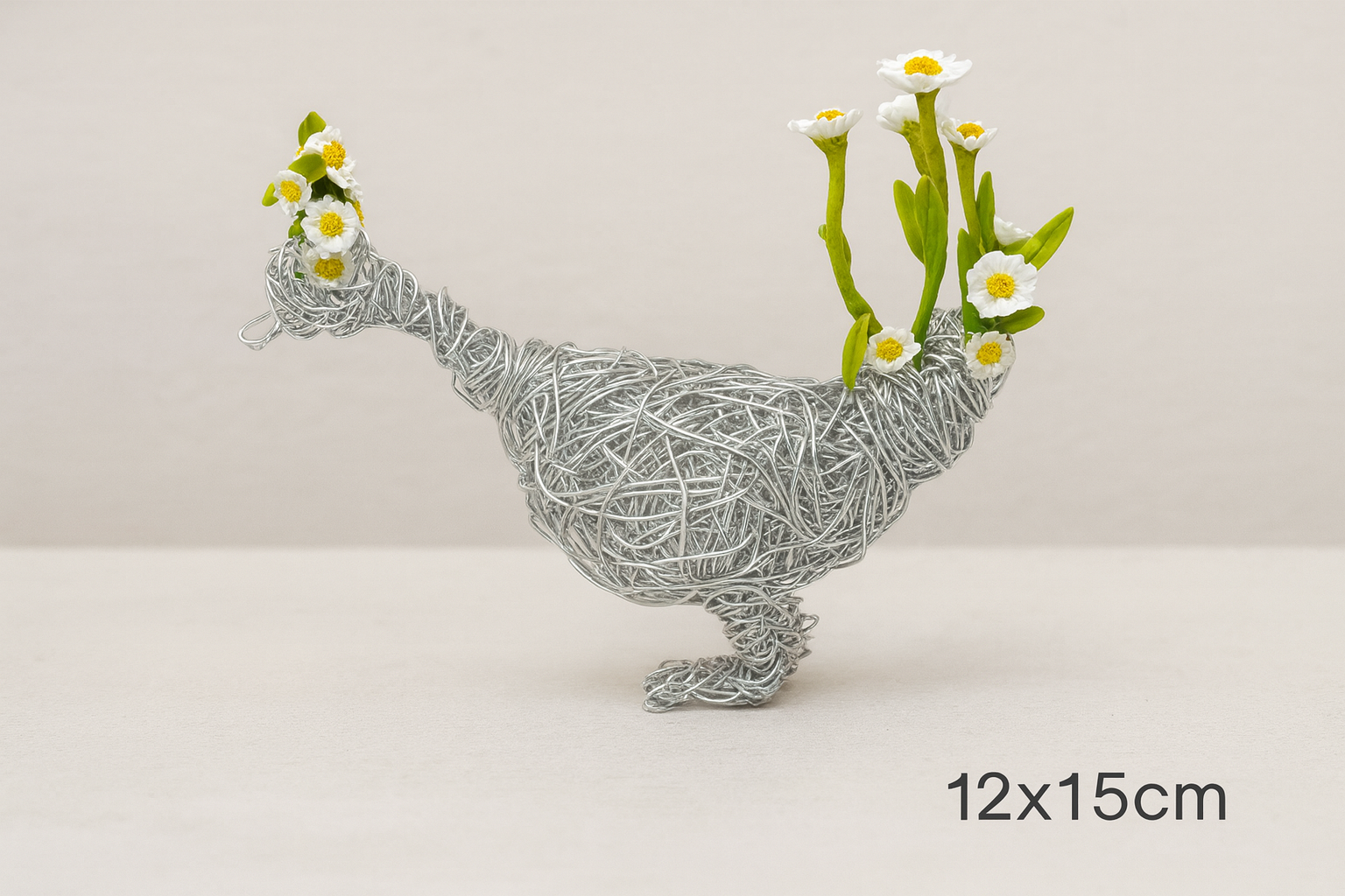 Charming Duck Sculpture Bird Figurine, Handcrafted Silver Wire & Clay Art