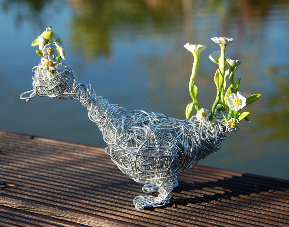 Charming Duck Sculpture Bird Figurine, Handcrafted Silver Wire & Clay Art - Image 5