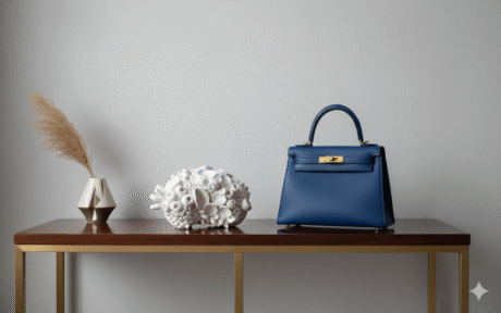 A minimalist console table with a white clay coral reef sculpture, a blue Hermes handbag, and a small vase with dried pampas grass against a light gray wall.
