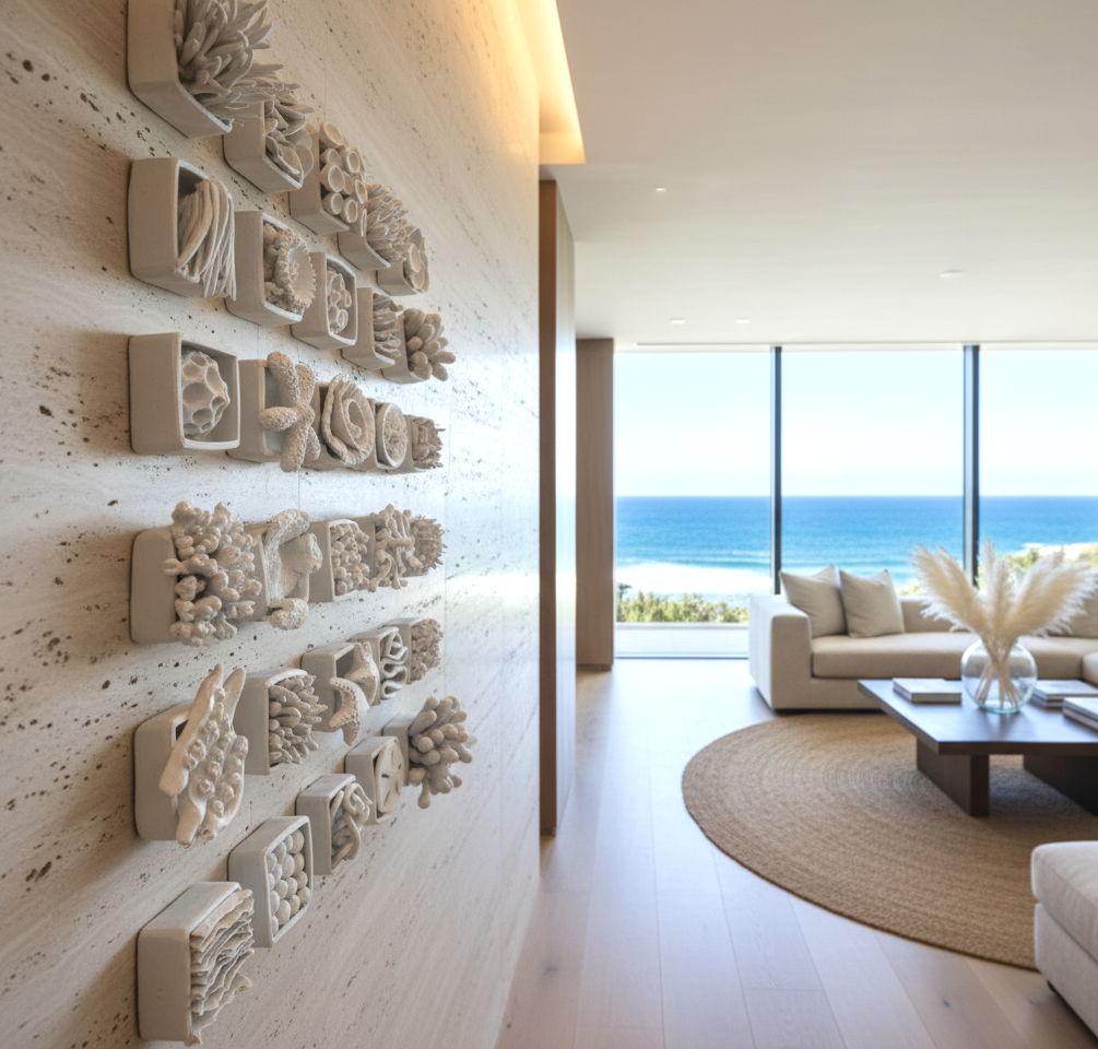 A close-up, sideways shot of a coral reef sculpture installation set into a wall in a luxury coastal hotel. The installation features multiple small, square-shaped white sculptures, each containing a unique, intricate coral-like design. They are arranged in a grid pattern on a textured, light-colored wall. In the background, a modern living area with a large window overlooks a stunning ocean view with a sandy beach. A light-colored sectional sofa, a round jute rug, and a rectangular coffee table with decorative elements are visible in the room. The overall ambiance is bright, luxurious, and serene, with the ocean serving as a focal point.