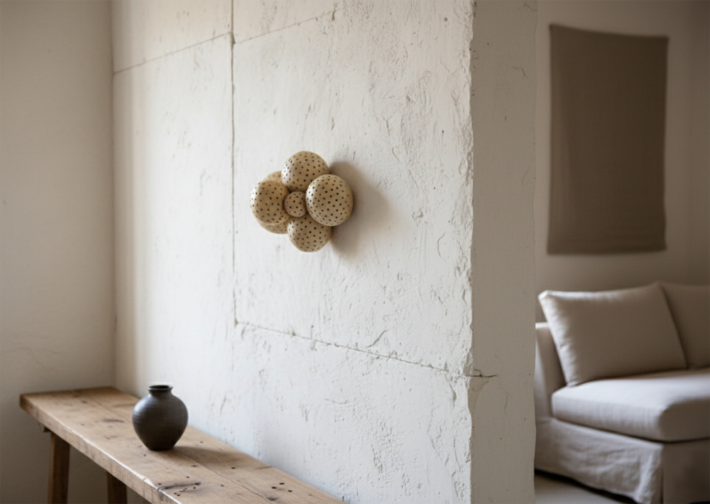 A contemporary art piece, resembling a cluster of spherical, porous forms, is mounted on a textured white wall in a wabi-sabi inspired interior. The artwork, with its earthy tones and organic shapes, subtly complements the minimalist aesthetic of the room, which features light-colored walls, a simple wooden bench with a dark vase, and soft, natural light filtering in from a window. In the background, a glimpse of a living area with a neutral-toned sofa suggests a serene and uncluttered space.