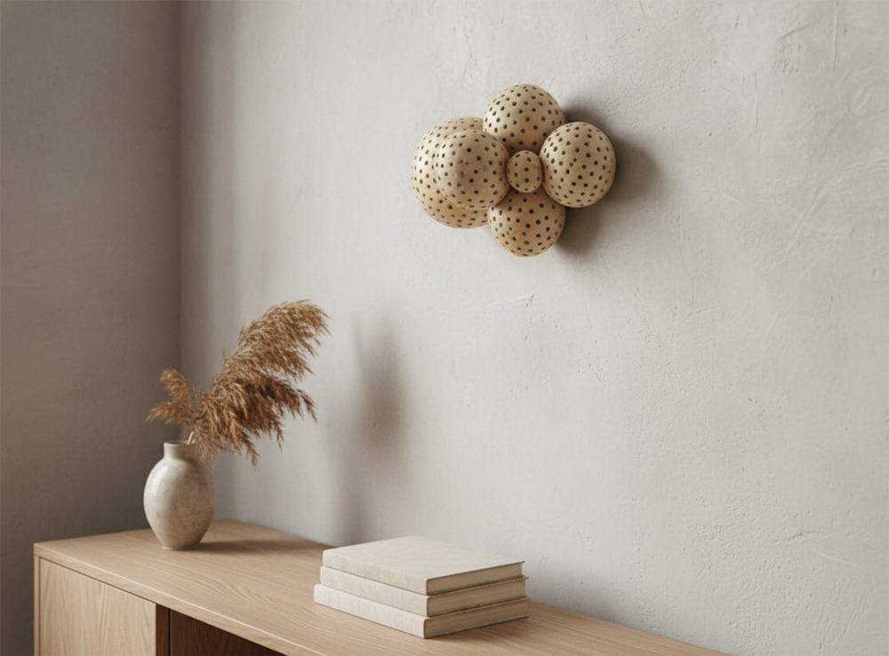 A Japandi-style living room features an abstract artwork composed of light brown, perforated spheres arranged in a cluster on a textured beige wall. Below the artwork, a light wood console table holds a stack of three neutral-toned books and a cream-colored vase with dried pampas grass. The room has soft, diffused lighting, creating a serene and minimalist atmosphere.