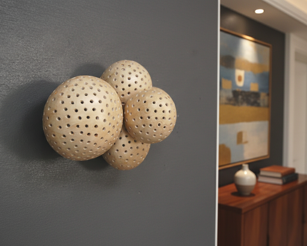 Hollow Sphere Abstract Wall Sculpture: Champagne Metallic Wabi Sabi Minimalist Decor, Limited Edition - Image 2