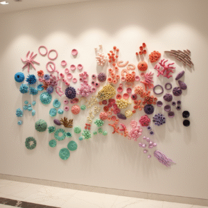 A colorful coral reef clay sculpture art installation hanging in a luxury retail shop in the foyer. Contains approximately 400 elements in all the colors of the rainbow. Overall has an uplifting and luxury feel.