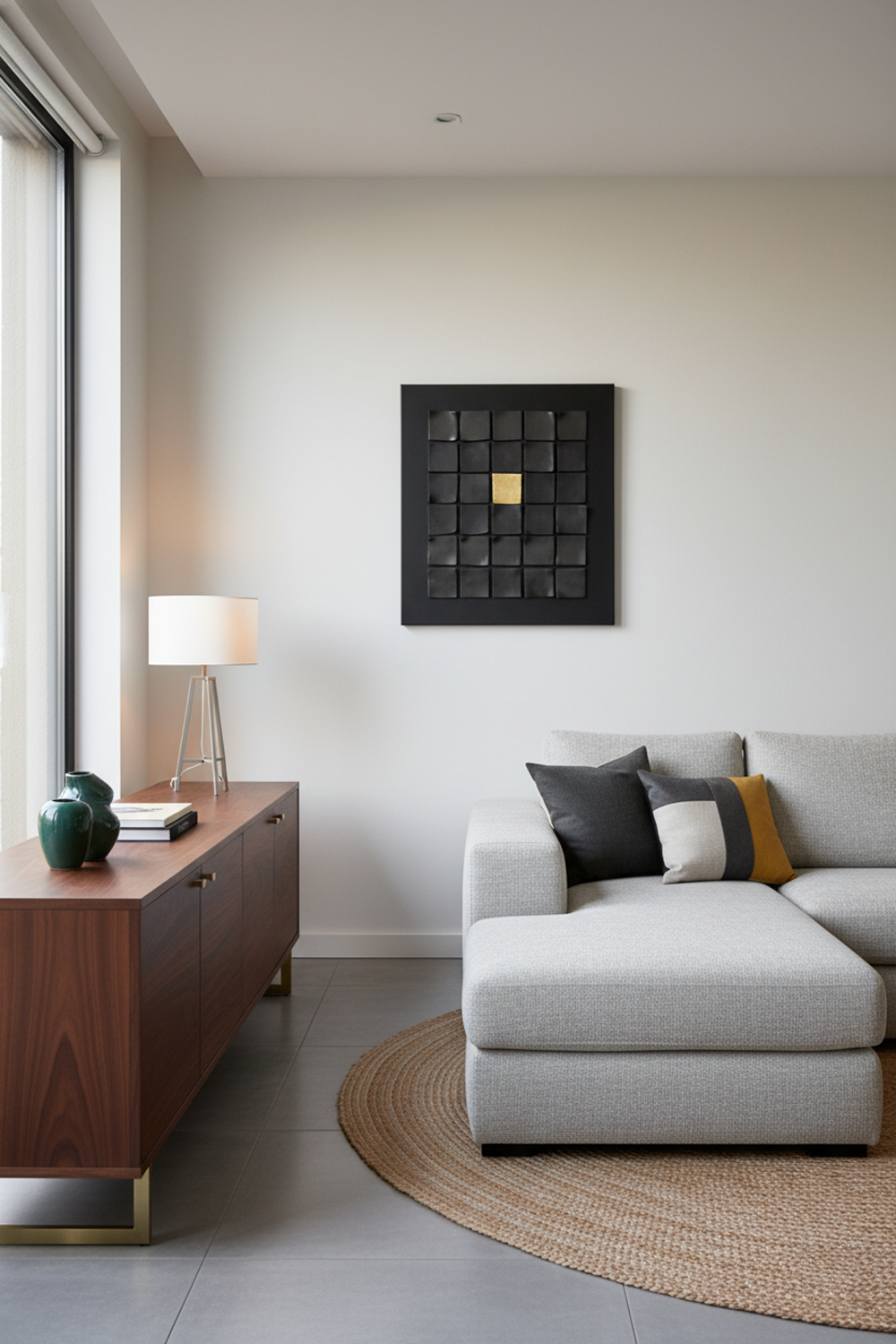 A modern luxury interior featuring a light-filled living room with a neutral color palette. On the left, a tall window allows natural light to enter. Below it, a wooden credenza with gold handles holds a white lamp with a metallic base and several decorative vases. On the wall above a light gray sectional sofa, a black square artwork with a single gold square in the center is prominently displayed. A round, woven rug sits beneath the sofa, and throw pillows in shades of gray, white, and mustard yellow adorn the sofa.