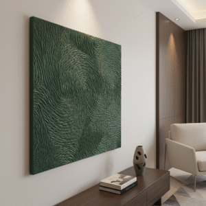 A dark green textured abstract artwork hangs on a white wall in a modern luxury interior. The artwork features swirling, wave-like patterns. Below the artwork, there's a dark wooden console table with a vase and a stack of books. To the right, a light-colored armchair is visible, and further back, there are dark curtains and a ceiling with recessed lighting.