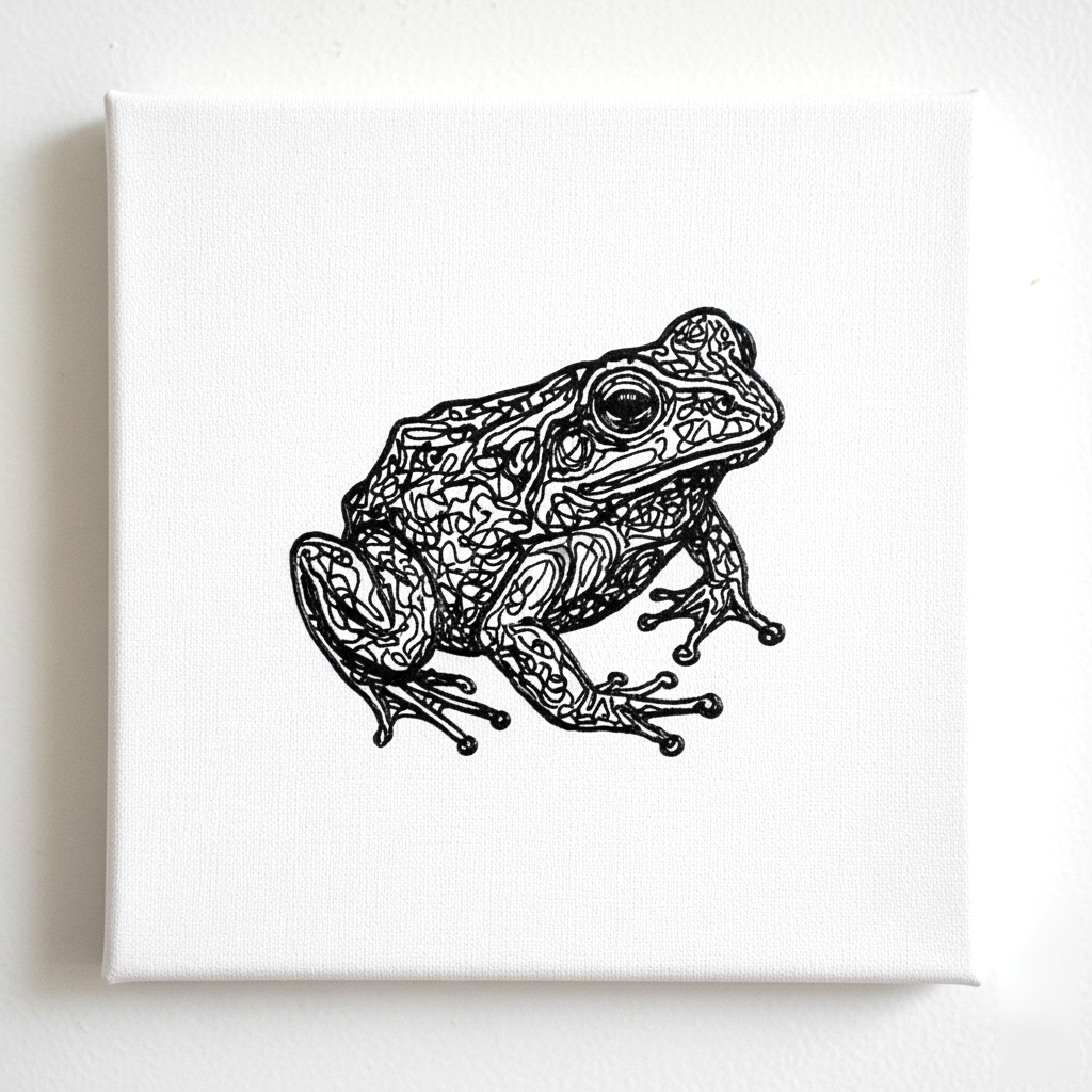 3d pen drawing of a frog in black and white, modern and minimalist style