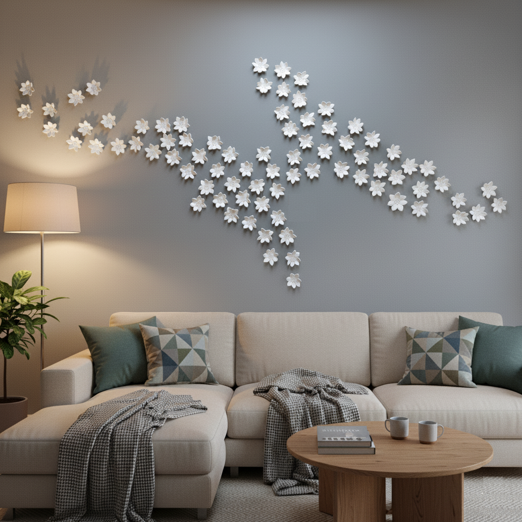 A modern living room with a beige sectional sofa, a round wooden coffee table, and a floor lamp with a plant beside it. On the light gray wall above the sofa, there's an art installation made of numerous small, white clay flowers arranged in a flowing, horizontal, organic pattern.
