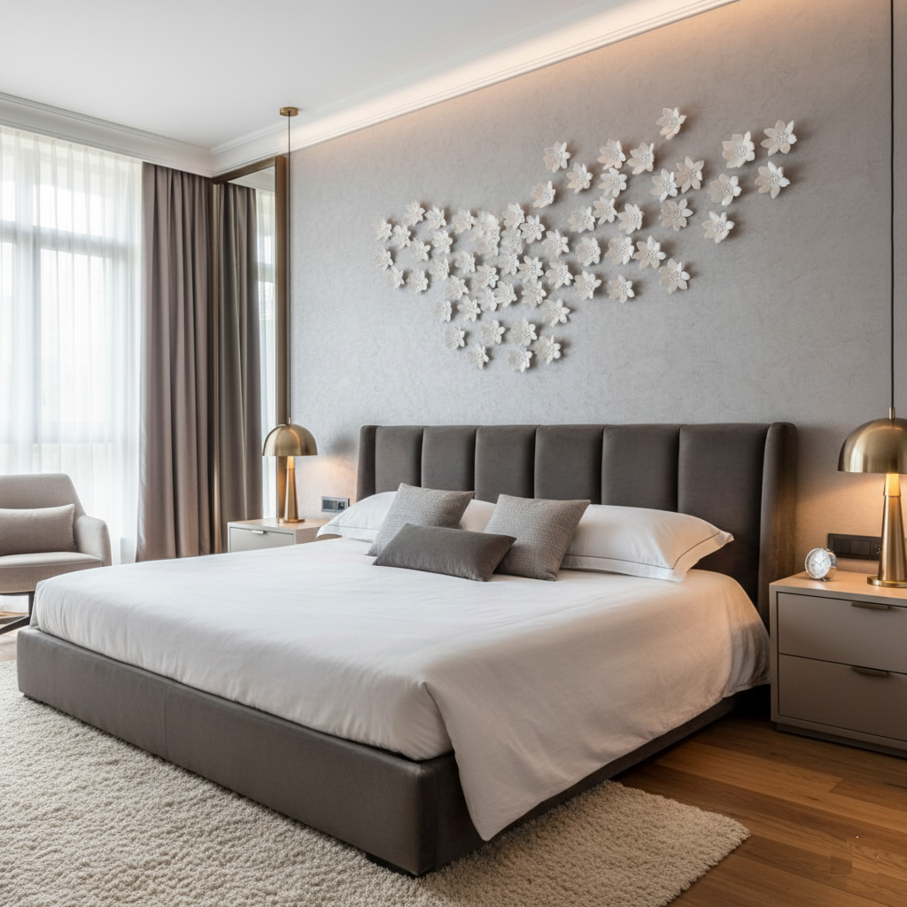 A luxurious bedroom features a large bed with a dark grey headboard and white bedding. The wall behind the bed is adorned with a striking art installation made of numerous small, white, flower-shaped clay pieces. These pieces are arranged in a dynamic, flowing pattern that suggests a cluster of blossoms. Gold-toned pendant lights hang on either side of the bed, above matching grey nightstands. To the left, large windows are covered with elegant beige curtains, and a light-colored armchair is visible. The floor is a mix of hardwood and a plush, light-colored rug under the bed.