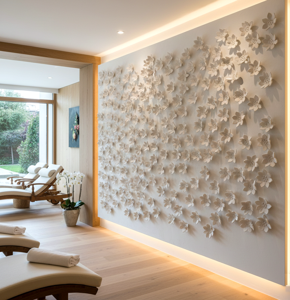 A luxurious spa room features a large wall art installation. The wall is covered with approximately 200 white, ceramic lotus flowers, each about 5 cm in size, creating a textured and serene focal point. The flowers are arranged to fill a significant portion of the wall, and the entire installation is softly illuminated by hidden LED strip lighting along the top and bottom edges of the wall, enhancing the sculptural quality of the flowers. The rest of the room is brightly lit and decorated in a minimalist style with light-colored wood flooring and wall accents. To the left, there are several light-colored spa loungers with rolled white towels, suggesting a peaceful and relaxing atmosphere. Beyond the loungers, large windows look out onto a lush green garden, bringing an element of nature into the spa.