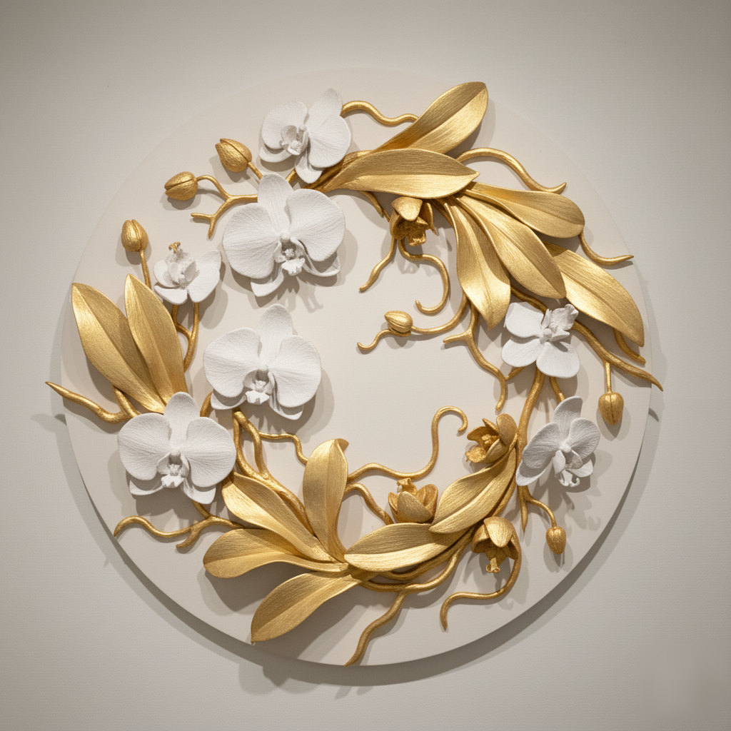 White Gold Orchid Wall Art, Floral Sculpture, Modern Botanical Decor, Hand-Sculpted Clay Artwork - Image 11