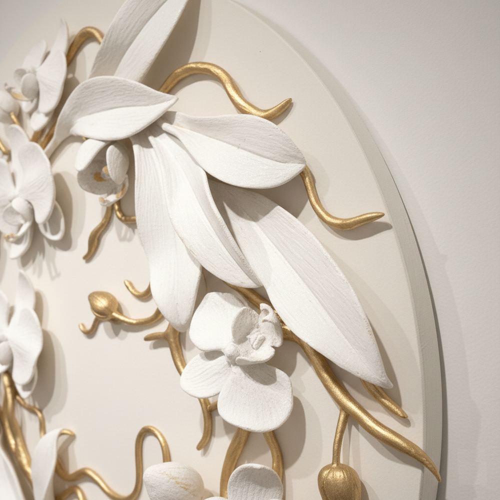 White Gold Orchid Wall Art, Floral Sculpture, Modern Botanical Decor, Hand-Sculpted Clay Artwork - Image 13