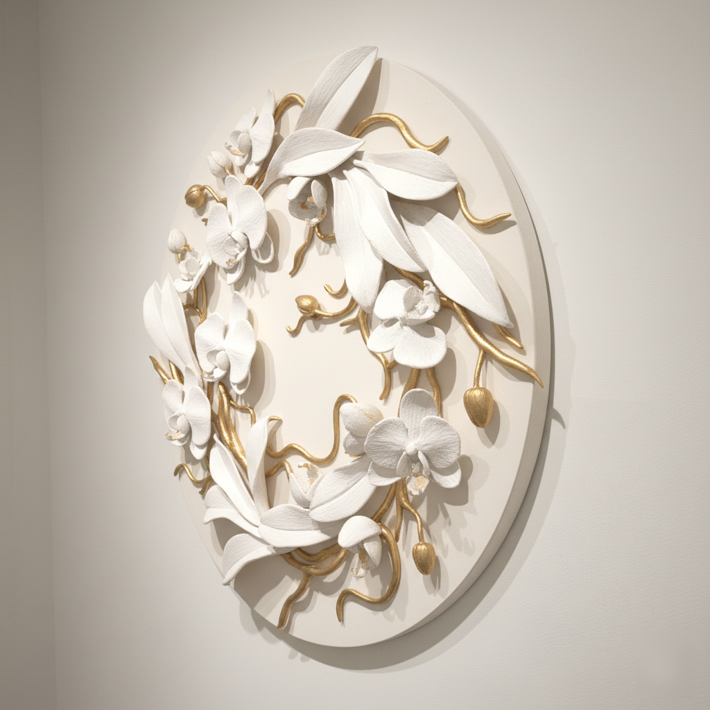 White Gold Orchid Wall Art, Floral Sculpture, Modern Botanical Decor, Hand-Sculpted Clay Artwork - Image 9