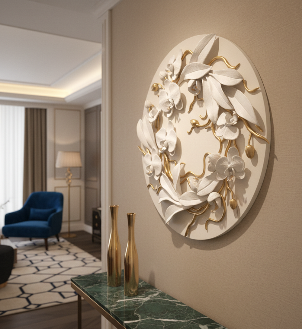 White Gold Orchid Wall Art, Floral Sculpture, Modern Botanical Decor, Hand-Sculpted Clay Artwork - Image 8