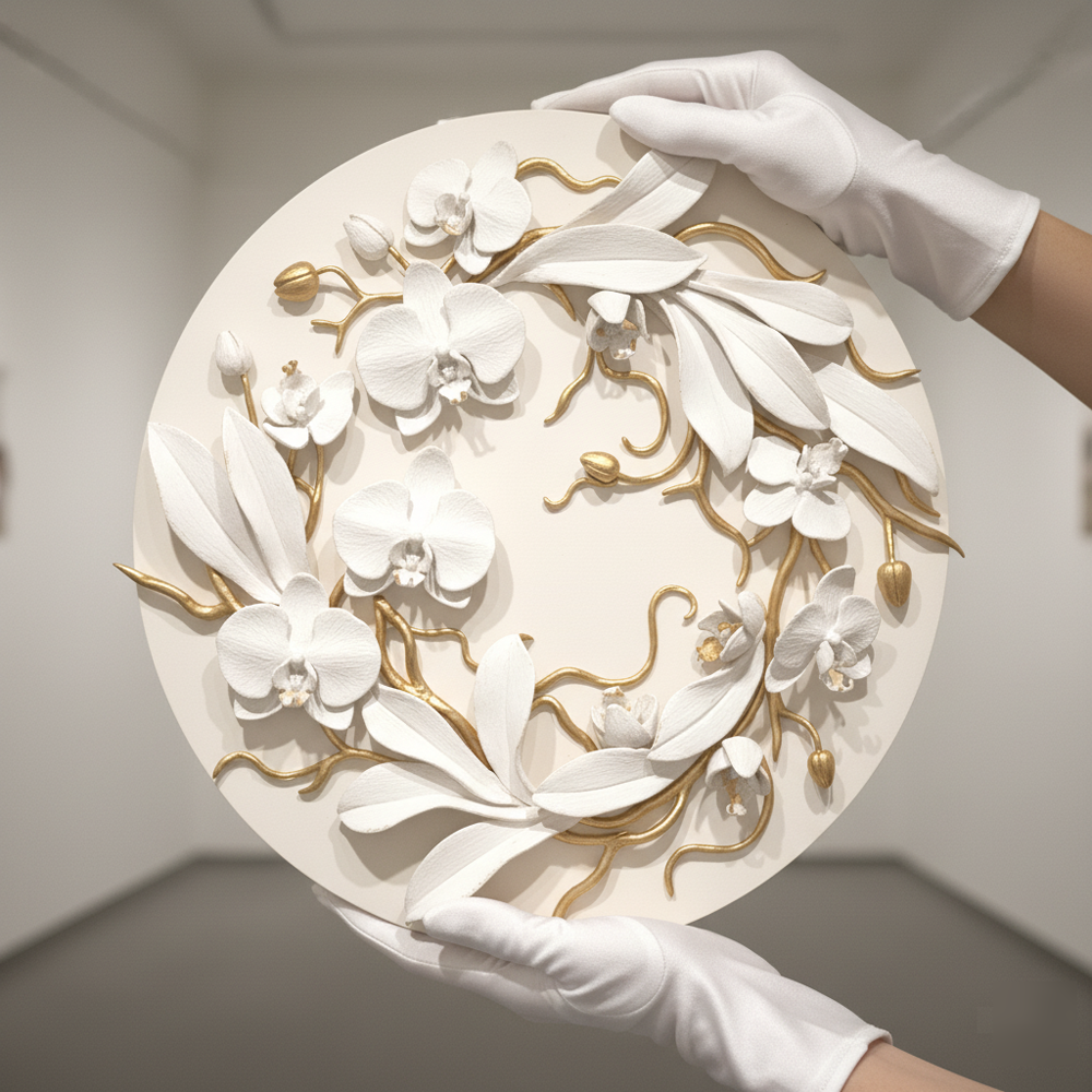 White Gold Orchid Wall Art, Floral Sculpture, Modern Botanical Decor, Hand-Sculpted Clay Artwork - Image 10