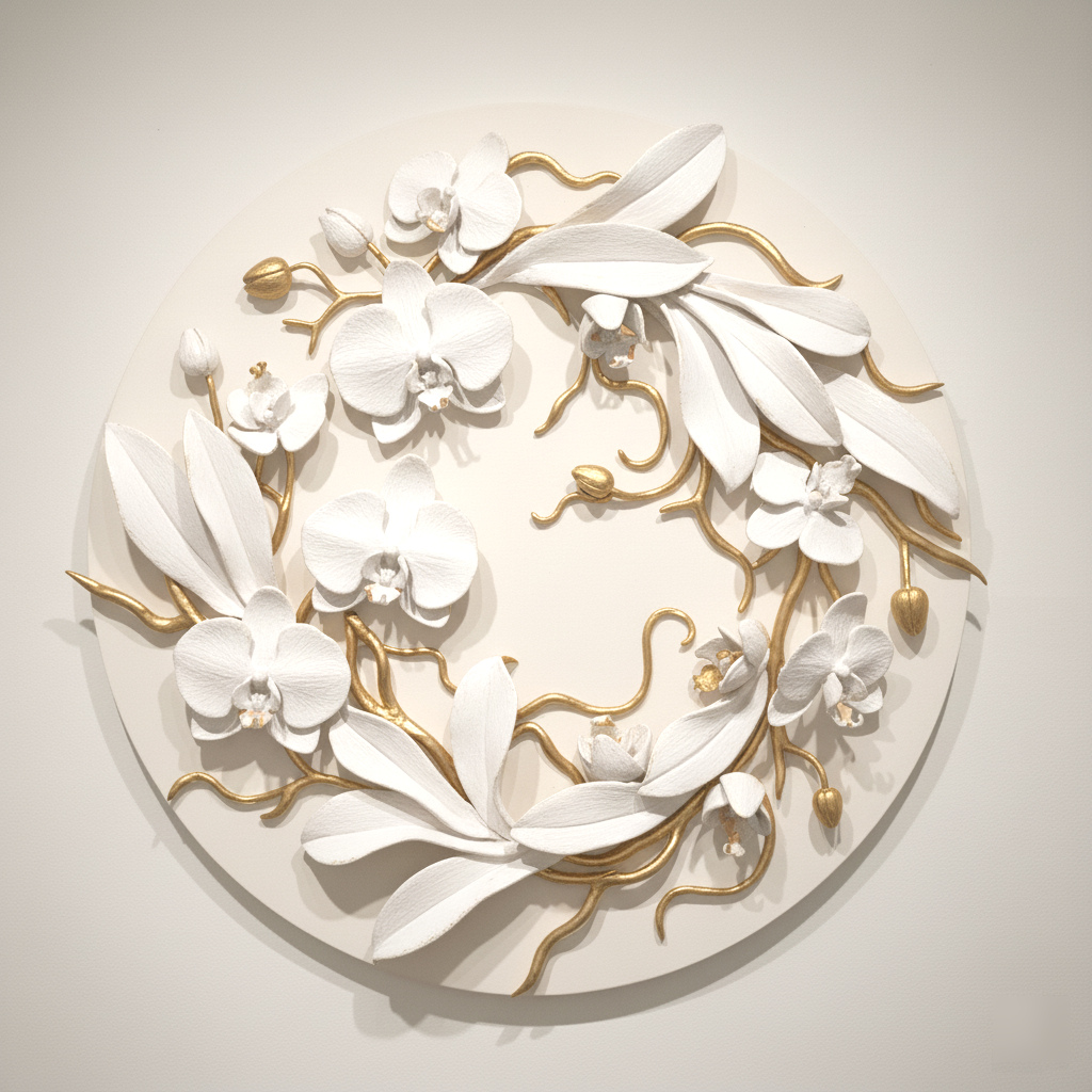White Gold Orchid Wall Art, Floral Sculpture, Modern Botanical Decor, Hand-Sculpted Clay Artwork