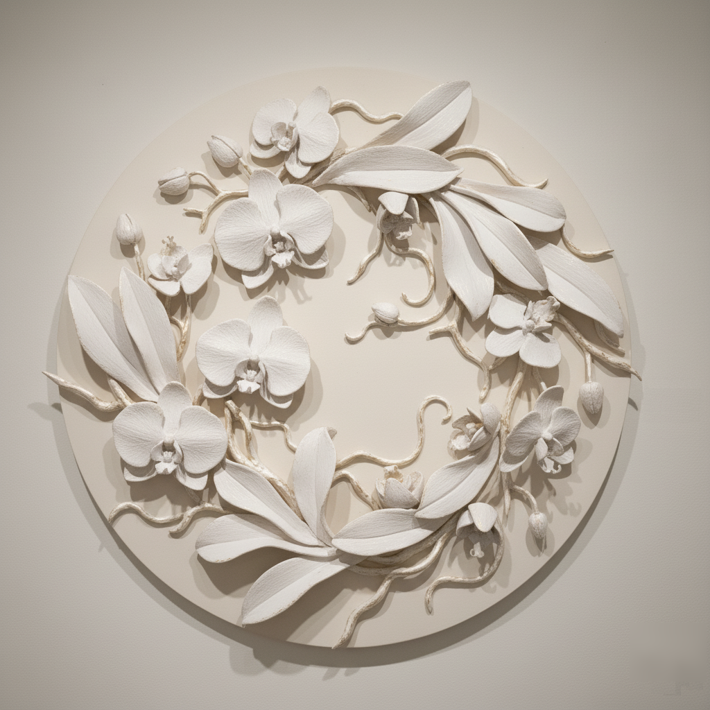 White Gold Orchid Wall Art, Floral Sculpture, Modern Botanical Decor, Hand-Sculpted Clay Artwork - Image 4