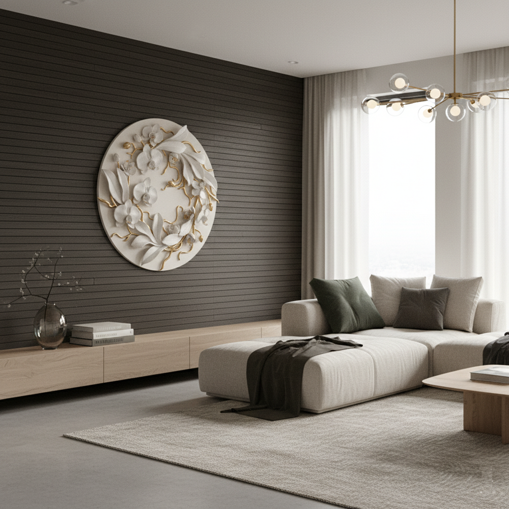 White Gold Orchid Wall Art, Floral Sculpture, Modern Botanical Decor, Hand-Sculpted Clay Artwork - Image 3