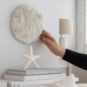 Ocean Waves Wall Sculpture - Coral Sea Textures Coastal White Clay Art Beach House Decor, 15cm