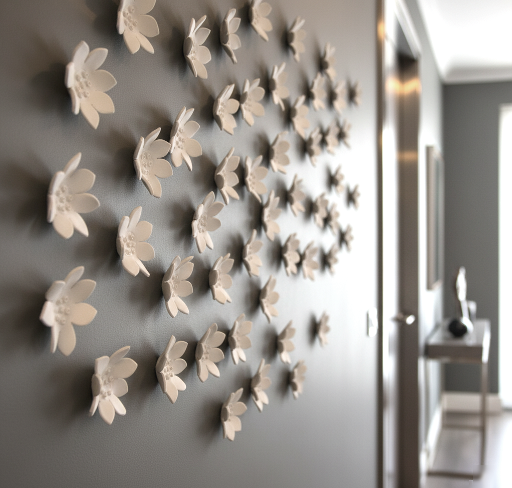 A close-up, sideways shot shows a painted dark grey wall adorned with approximately 50 white, lotus-shaped ceramic flowers, each measuring about 5 cm. The flowers are arranged to create an artistic installation within a luxurious, modern entrance.