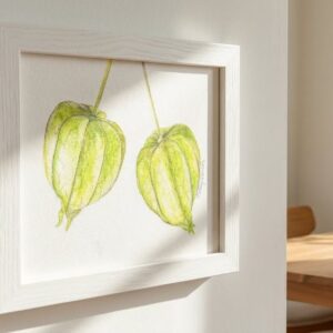 Green Chinese Lanterns or Physalis Small Original Painting & Pencil Kitchen Wall Art Decor
