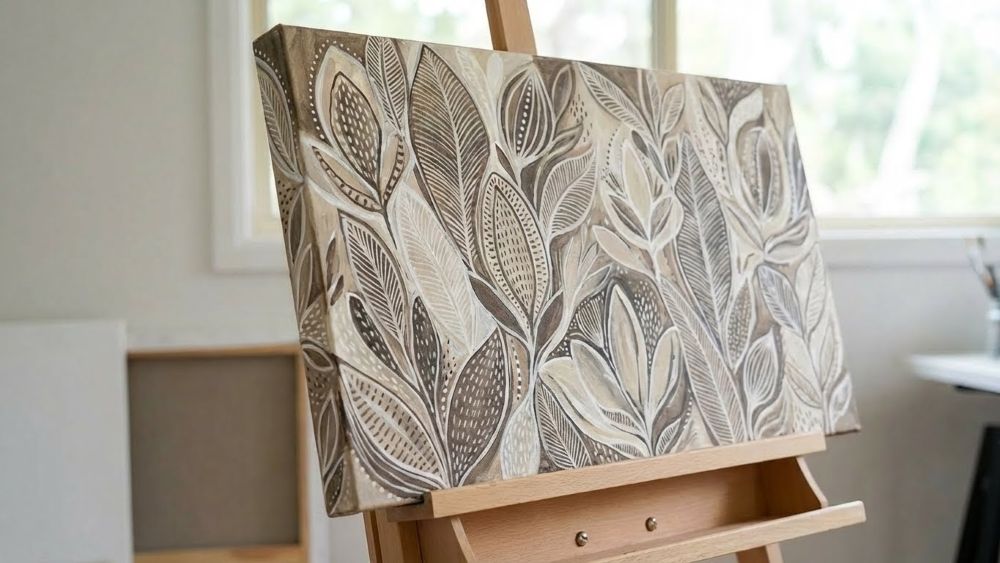 Brown Beige Leaf Painting, Organic Modern Botanical Wall Art, Textured Nature Living Room Decor - Image 8