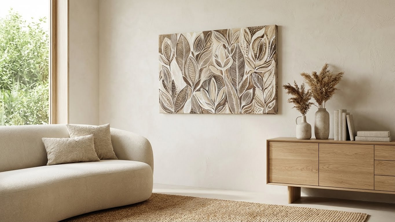 Brown Beige Leaf Painting, Organic Modern Botanical Wall Art, Textured Nature Living Room Decor - Image 2