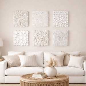 Modern Organic Wall Art Clay Panels: Textured Minimalist Decor Neutral White Sculpture, 6pc