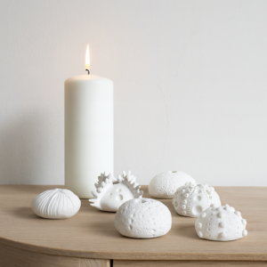 Clay Sea Urchin Set, Handmade Coastal Grandmother Decor, Shelf Sitters, 6pc