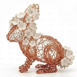Handmade Copper Wire Bunny Sculpture with Floral Details, Limited Edition Spring Decor