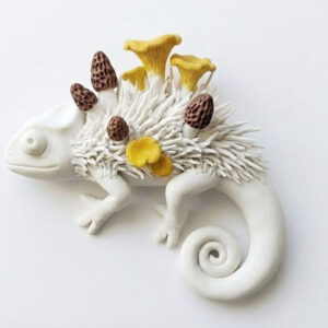 Chameleon Sculpture Wall Art with Morel & Chanterelle Mushrooms, Limited Edition